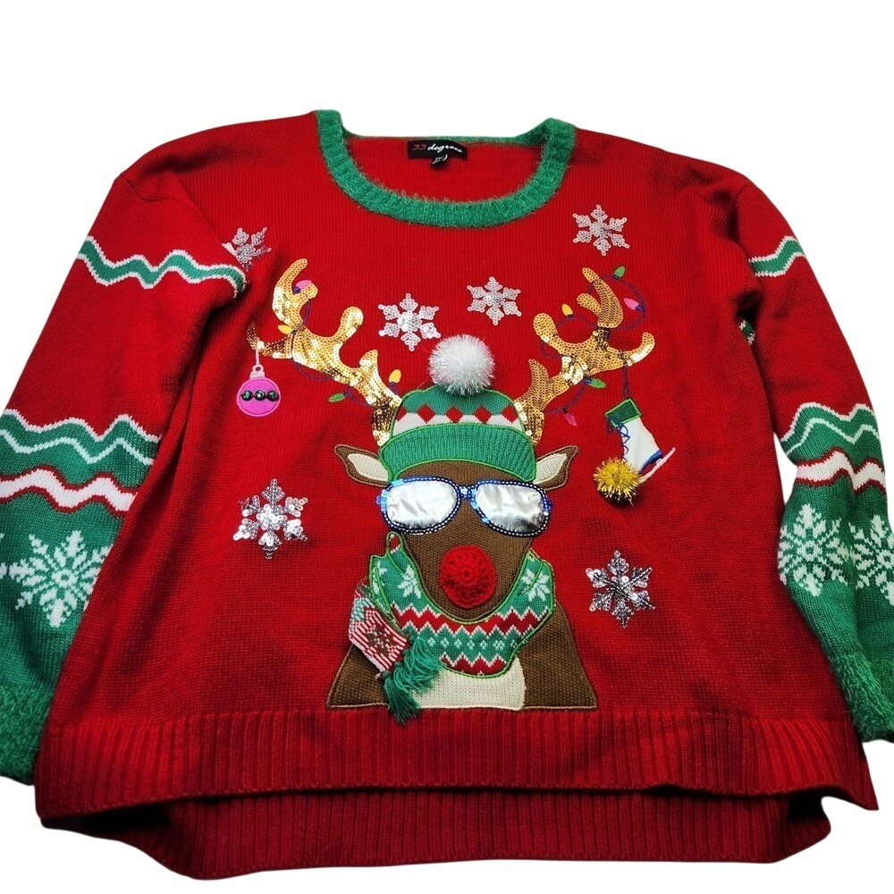 33 Degrees Ugly Christmas Sweater Mens XXL Red Reindeer Sequin 3D Pom Pom
